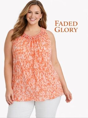 FADED GLORY Womens 1X 16W Boho Braided Crinkle Artsy Print Sleeveless Tank Top